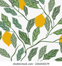 Patrón tropical sin costuras con limones amarillos. Fondo de fruta. Impresión brillante para tela o papel pintado. Ilustración del vector