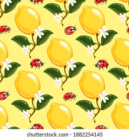 Tropical background with yellow lemons, ladybirds on a yellow background. Tropical summer fruits seamless pattern. Vector fabric design with lemons, flowers and ladybug.