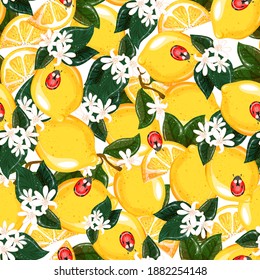 Tropical background with yellow lemons. Tropical summer fruits seamless pattern. Vector fabric design with lemons, flowers and ladybug.