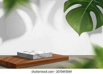 Fondo tropical para tu publicidad. mesa con madera y mármol, hojas o flores.Monstera. Plantas realistas en 3D. Elemento para el diseño. Publicidad, folleto, antecedentes.