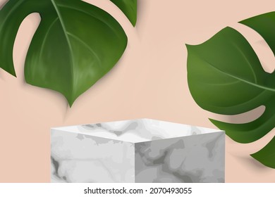 Fondo tropical para tu anuncio.cubo de mármol. hojas o flores.Monstera. Plantas realistas en 3D. Elemento para el diseño. Publicidad, folleto, antecedentes.