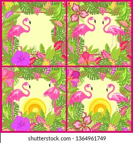Tropical backgrounds variation with pink flamingos, tropical leaves, hot sun and exotic flowers for fashion labels, Tshirt, summer party poster, bag and other design