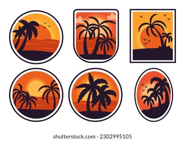 Tropical Badges Set, Retro Design Featuring Palm Tree Silhouettes Against A Sunset Sky, Embodies The Allure Of Coastal Living And Exotic Destinations, Isolated Patches. Cartoon Vector Illustration