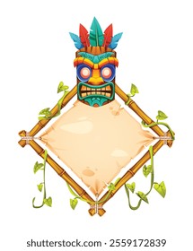 Tropical bamboo frame with tiki tribal mask, leaves, and blank parchment. Vector cartoon illustration