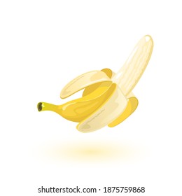 Tropical banana fruit in mellow yellow rind with tail. Vector healthy vitaminized snack, diet and organic vegetarian exotic food design isolated on white background