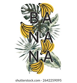 Tropical banana fruits, green palm leaves, white background. Print for t shirt, poster with text. Vector illustration. Floral arrangement. Banner design template 
