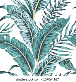 Tropical banana green leaves seamless pattern white background. Exotic wallpaper