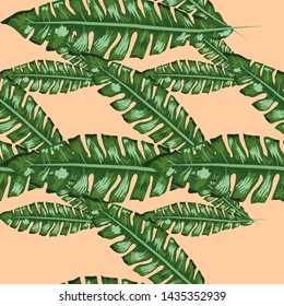 Tropical banana green leaves seamless pattern pink background. Exotic wallpaper