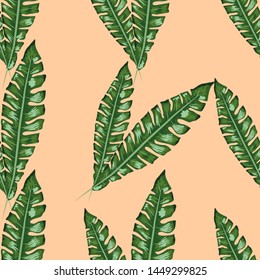 Tropical banana green leaves seamless pattern pink background. Exotic wallpaper