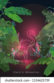 Tropical banana jungle and neon flamingo poster illustration