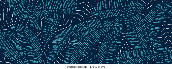 Tropical banana leaf background, Luxury nature pattern design, banana leaf line arts wallpaper, Hand drawn outline design for fabric , print, cover, banner and invitation, Vector illustration.