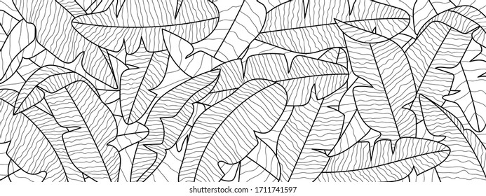 Tropical banana leaf background, Luxury nature pattern design, banana leaf line arts wallpaper, Hand drawn outline design for fabric , print, cover, banner and invitation, Vector illustration.