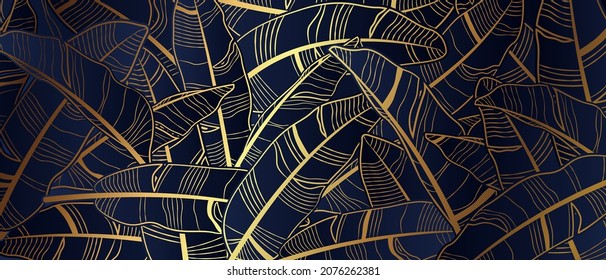 Tropical banana leaf gold luxury background. Summer tropical paradise with drawing line art illustration.