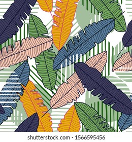 Tropical banana leaf seamless pattern. Jungle exotic plant wallpaper. Botanical design for fabric, textile print, wrapping paper, textile. Vector illustration