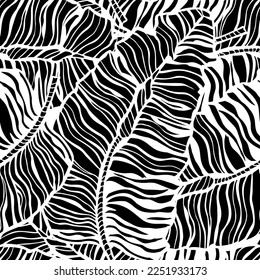 Patrón de hojas de plátano tropical sin fisuras. La jungla deja el fondo. Textura de diseño exótico grabado repetidamente para impresión, tela, papel de envoltura, moda, papel pintado, tejido. Ilustración vectorial.