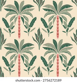 Tropical Banana Leaf Seamless Pattern, Retro Botanical Textile Design, Vintage Jungle Background.