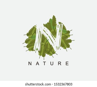 Tropical Banana Leaf Vector Logo Letter N. N Letter Design Vector Green Banana Leaf Logo Icon.