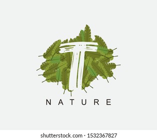 Tropical Banana Leaf Vector Logo Letter T. T Letter Design Vector Green Banana Leaf Logo Icon.