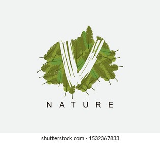 Tropical Banana Leaf Vector Logo Letter V. V Letter Design Vector Green Banana Leaf Logo Icon.