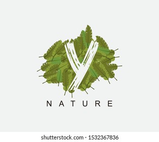 Tropical Banana Leaf Vector Logo Letter Y. Y Letter Design Vector Green Banana Leaf Logo Icon.