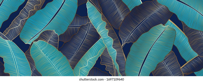 Tropical banana leaf Wallpaper, Luxury nature leaves pattern design, Golden banana leaf line arts, Hand drawn outline design for fabric , print, cover, banner and invitation, Vector illustration.