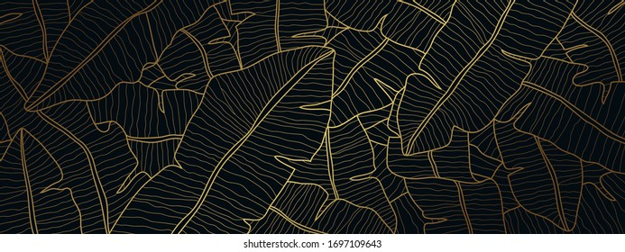 Tropical banana leaf Wallpaper, Luxury nature leaves pattern design, Golden banana leaf line arts, Hand drawn outline design for fabric , print, cover, banner and invitation, Vector illustration.