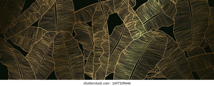 Tropical Banana Leaf Wallpaper, Luxury Nature Leaves Pattern Design, Golden Banana Leaf Line Arts, Hand Drawn Outline Design For Fabric , Print, Cover, Banner And Invitation, Vector Illustration.