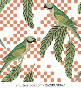 Tropical banana leaves, green parrot seamless pattern checkered background. Summer boho jungle print.