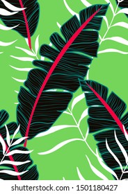 Tropical Banana Leaves Seamless Pattern In Hawaiian Style. Exotic Palm Plant Wallpaper Vector Print.