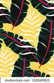 Tropical Banana Leaves Seamless Pattern In Hawaiian Style. Exotic Palm Plant Wallpaper Vector Print.