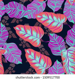 Tropical Banana Leaves Seamless Pattern In Hawaiian Style. Exotic Palm Plant Wallpaper Vector Print.