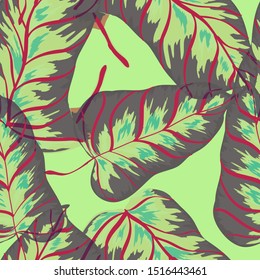Tropical Banana Leaves Seamless Pattern In Hawaiian Style. Exotic Palm Plant Wallpaper Vector Print.