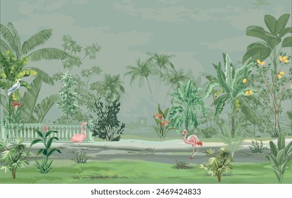 Tropical Banana Palm Flamingo Birds Wallpaper. Tropical Jungle Theme Wallpaper.