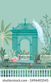 Tropical Banana Palm Flamingo Birds garden, arch Wallpaper. Tropical Jungle Theme Wallpaper.