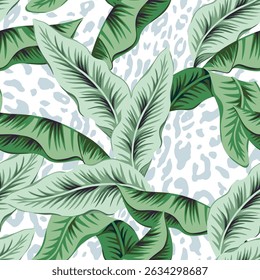 Tropical banana palm leaves, leopard animal print background. Seamless pattern. Vector illustration. Exotic plants. Summer beach floral design