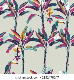 Tropical banana palm trees, and toucan bird  seamless pattern on gray background. Exotic jungle wallpaper.