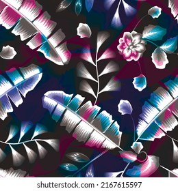 tropical banana plants leaves and foliage seamless pattern with colorful shape on dark background. pink and gray color combination. Hand drawn summer floral background. nature background. Exotic 