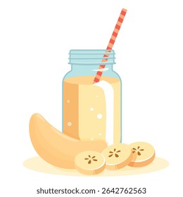 Tropical banana smoothie in mason jar with straw and fresh banana slices – refreshing summer drink vector illustration for kids menu, party decor, fabric prints and seasonal designs