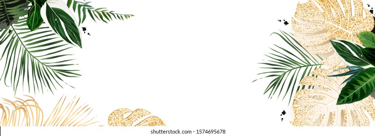 Tropical banner arranged from exotic emerald and golden glitter leaves. Paradise plants, greenery and palm card. Stylish fashion frame. Wedding design. All leaves are not cut. Isolated and editable