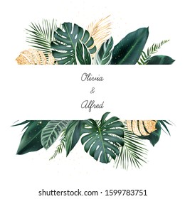 Tropical banner arranged from exotic emerald and golden glitter leaves. Paradise plants, greenery and palm card. Stylish fashion frame. Wedding design. All leaves are not cut. Isolated and editable