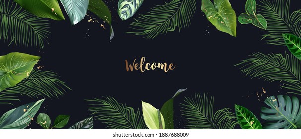 Tropical banner arranged from exotic emerald leaves and golden glitter. Paradise plants, greenery and palm card. Stylish fashion frame. Wedding design. All leaves are not cut. Isolated and editable