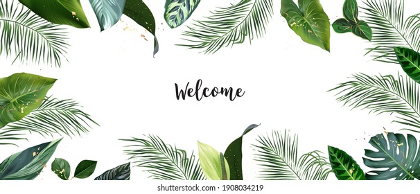 Tropical banner arranged from exotic emerald leaves and golden glitter. Paradise plants, greenery and palm card. Stylish fashion frame. Wedding design. All leaves are not cut. Isolated and editable