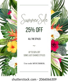 Tropical banner arranged from exotic emerald leaves and exotic flowers. Paradise plants, greenery and palm card. Stylish fashion frame. Wedding design. All leaves are not cut. Isolated and editable