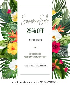 Tropical banner arranged from exotic emerald leaves and exotic flowers. Paradise plants, greenery and palm card. Stylish fashion frame. Wedding design. All leaves are not cut. Isolated and editable