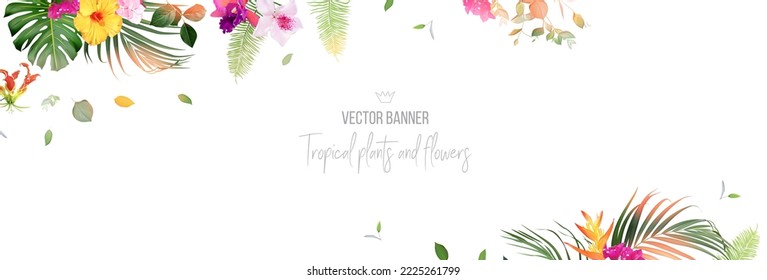 Tropical banner arranged from exotic emerald leaves and exotic flowers. Paradise plants, greenery and palm card. Stylish fashion frame. Wedding design. All leaves are not cut. Isolated and editable