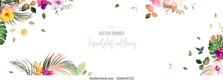 Tropical banner arranged from exotic emerald leaves and exotic flowers. Paradise plants, greenery and palm card. Stylish fashion frame. Wedding design. All leaves are not cut. Isolated and editable svg