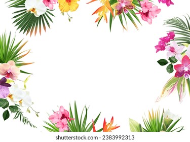 Tropical banner arranged from exotic emerald leaves and exotic flowers. Paradise plants, greenery and palm card. Stylish fashion frame. Wedding design. All leaves are not cut. Isolated and editable