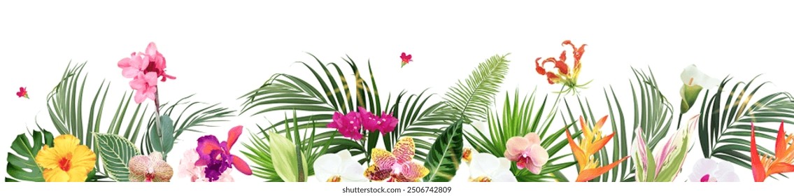 Tropical banner arranged from exotic emerald leaves and exotic flowers. Paradise plants, greenery and palm card. Stylish fashion frame. Wedding design. All leaves are not cut. Isolated and editable