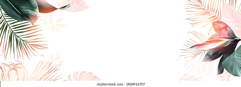 Tropical banner arranged from exotic and golden glitter leaves. Paradise plants, greenery and palm card. Stylish fashion frame. Sunset light. Wedding design. Leaves are not cut. Isolated and editable - Shutterstock ID 1834916707