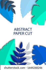 Tropical banner with creative leaves on a white background. Seasonal poster in fashionable paper cut style. Design template for print or web. Vector illustration